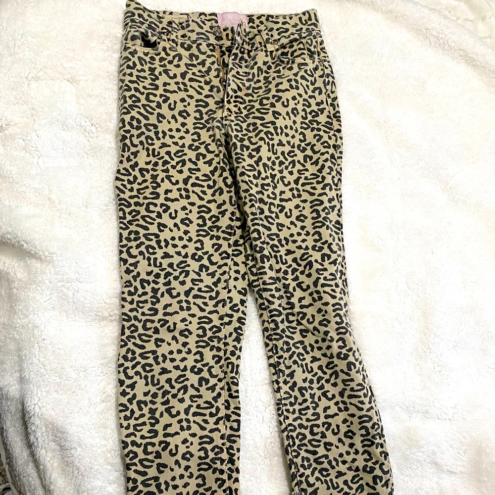 REVICE Denim Leopard print flare split hem jeans size 27